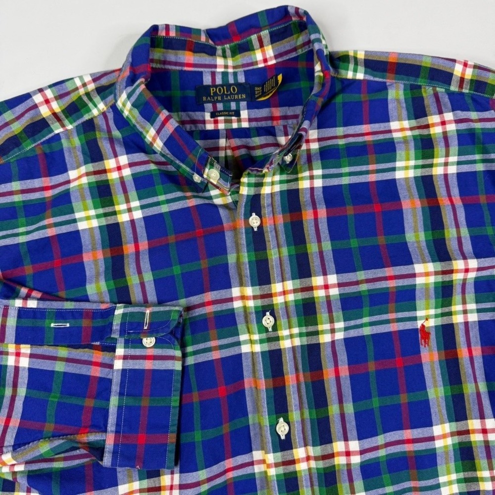 Polo Ralph Lauren Button Down Shirt‎ Mens 3XB Blue Plaid Classic Fit Long Sleeve